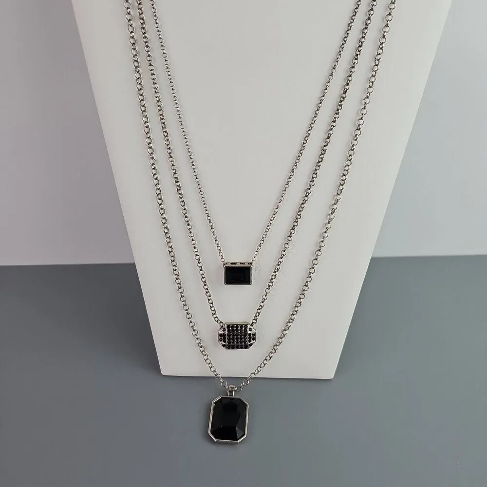 3 Layered Chain Necklace Black Theme Pendants Silver Tone 22 26 30 inch